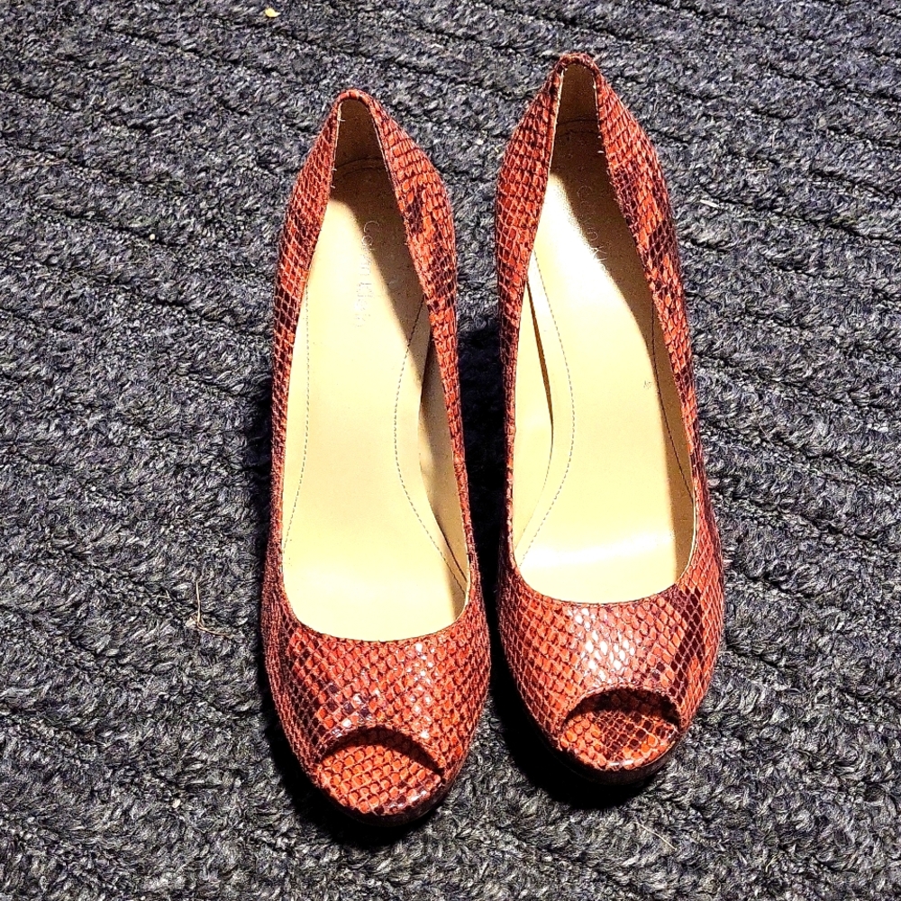 Calvin Klein High Heels open toe Shoes,natural orange phyton snake skin leather